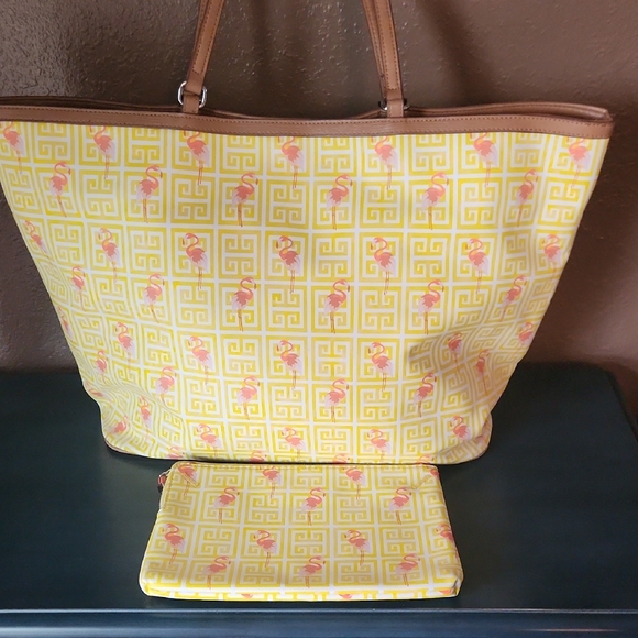 Stella & Dot Large Flamingo Tote Bag w Pouch Twofer - Picture 3 of 10